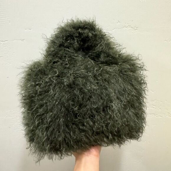 Olive Green Handmade Genuine Curly Shearling Top Handles Bag/Crossbody - Picture 10 of 16